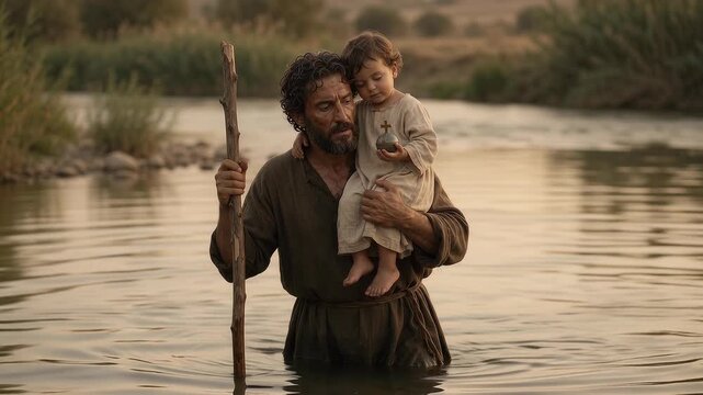 Saint Christopher Carrying the Christ Child Across a Flowing River With a Wooden Walking Staff, Traditional Christian Legend Symbolizing Faith, Protection, Service and Strength