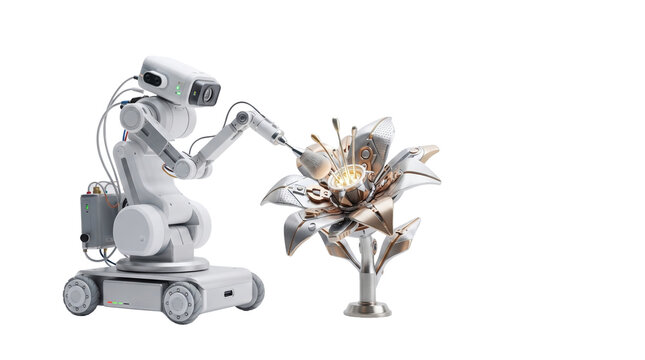 Futuristic white robot examining a mechanical chrome flower, advanced artificial intelligence and biotechnology concept, robotic arm with metal plant isolated PNG with Transparent Background