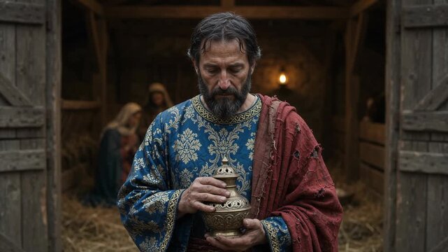 Wise Man Carrying a Precious Gift Jar Toward the Nativity Stable in Bethlehem, Biblical Christmas Scene of the Magi Traveling to Worship the Newborn Jesus Christ