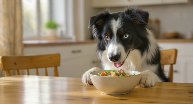 A cute border collie dog sitting at a wooden kitchen table with its paws up, looking eagerly at a ceramic bowl filled with fresh homemade pet food, celebrating National Cook For Your Pets Day.