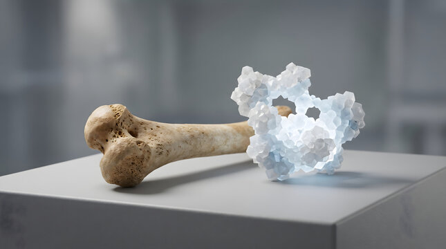 Chicken bone calcium scientific illustration with crystal structure representing mineral composition in biology