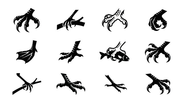 Set of bird claws and talons silhouettes, vector illustrations of predatory bird feet with sharp nails