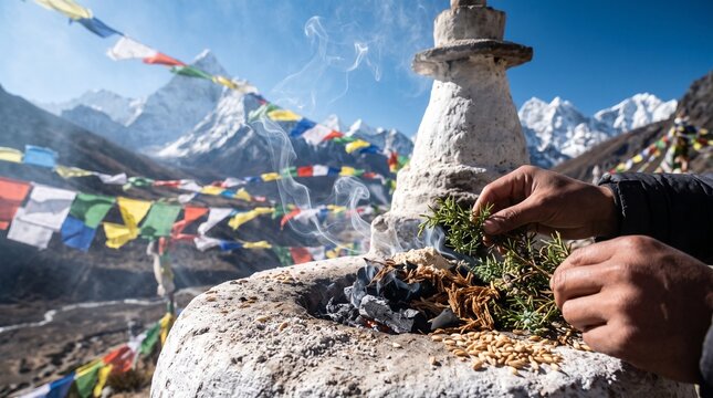 Traditional Sang Sol Juniper Smoke Offering Ritual in Himalayan Mountains
