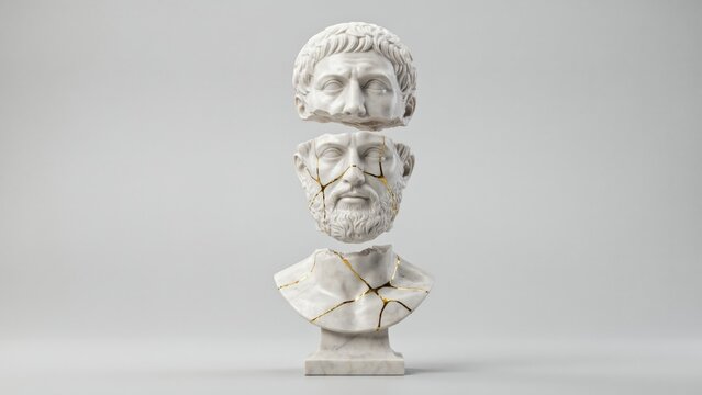 Classical marble statue broken into three floating levitating slices, ancient marble bust sculpture concept, white minimalist philosophy art