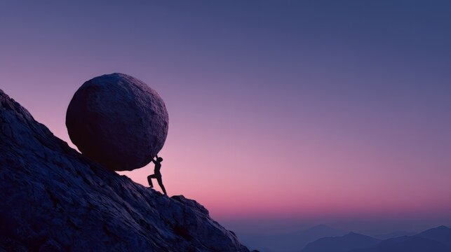 Person pushing a massive boulder up a steep hill hard work, endurance, pushing forward through difficult challenges. Greek legend of Sisyphus, condemned to roll a huge stone up a hill for eternity. 