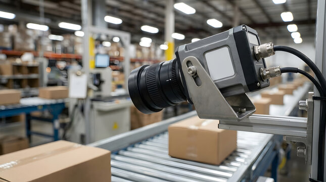 Industrial Machine Vision Camera Scanning Cardboard Boxes on Conveyor Belt | Smart Automated Warehouse Logistics System with Industrial Inspection Camera | Factory Automation Conveyor Belt Scanning 