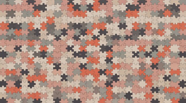 A seamless pattern of interlocking puzzle pieces in shades of coral, grey, and beige