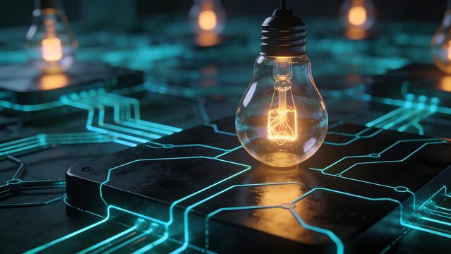 Lit light bulb on dark circuit board glowing blue neon data pathways.