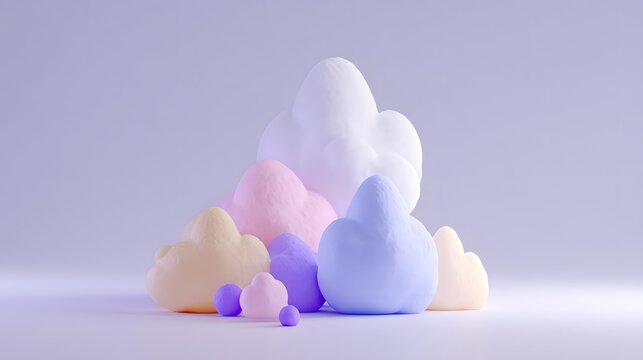 forms stacked unpredictably like soft clouds, cream, beige, blush pink, pale gray, and lavender colors, minimalist surreal scene
