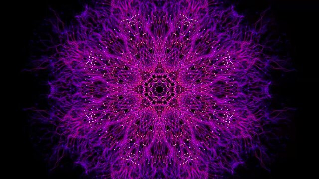 Vibrant purple glowing particle abstract motion animation background with intricate kaleidoscopic flower patterns