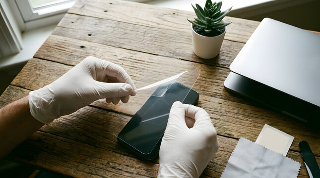 Technician Applying Tempered Glass Screen Protector on Smartphone | Installing Protective Glass Film on Mobile Phone Screen on Wooden Desk | Smartphone Repair and Screen Protector Installation Process