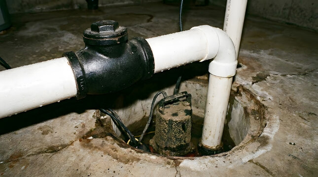 Submersible Sump Pump Installed in Basement Concrete Pit | Home Sump Pump System with White PVC Drain Pipe in Basement Floor | Basement Water Drainage System and Sump Pump Inspection Close Up