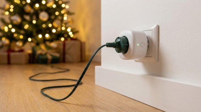 Smart plug with dark green cord on wooden floor near Christmas tree