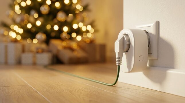 Smart plug powering Christmas lights with warm bokeh tree behind