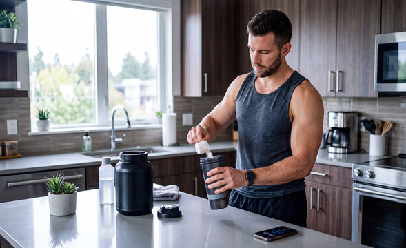 Young athletic man preparing pre-workout supplement powder in shaker bottle in modern kitchen