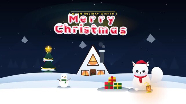 Adorable cartoon Arctic fox wearing a Santa hat and scarf holding a lantern in a snowy winter night landscape with a cozy A-frame cabin, Christmas tree, snowman, and Merry Christmas text loop.
