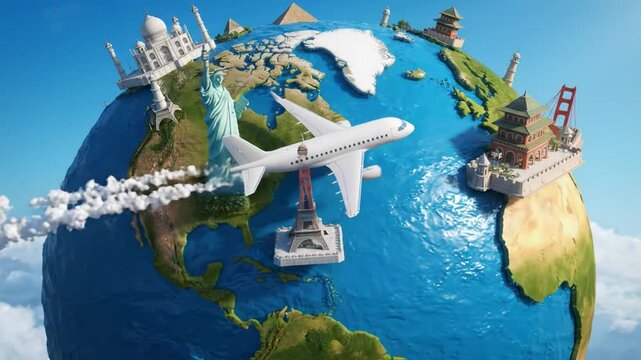 3D world globe with landmarks and airplane in blue sky
