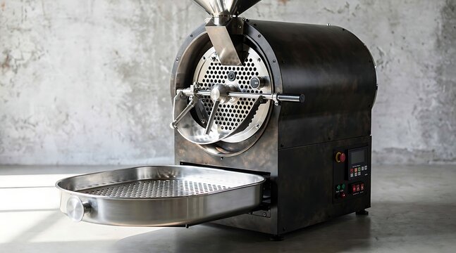 Professional industrial coffee roasting machine with stainless steel cooling tray and digital control panel, modern equipment for specialty coffee production in a roastery or workshop.
