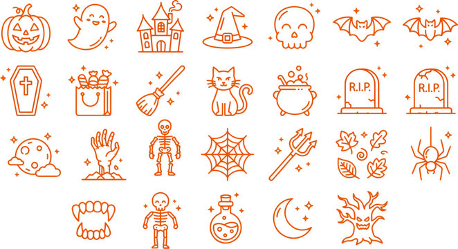 Halloween Line Art Icon Set with Pumpkin Ghost Witch Hat Skull Bat Cat Spider Web Cauldron Skeleton Tombstone and Spooky Decorations