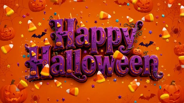Happy Halloween typography sign surrounded by candy corn and autumn treats.