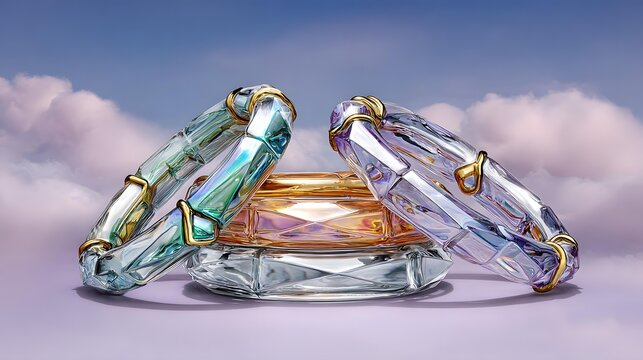 geometric rings floating within pale mist, cyan, peach, lavender, white, and pale blue colors, airy futuristic background