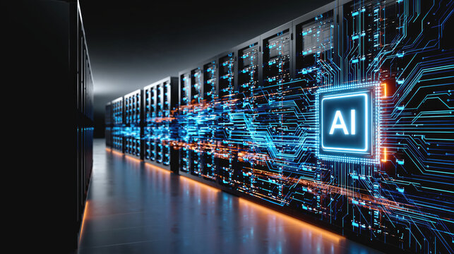AI data center server room with glowing circuit pathways and processor chip, futuristic high tech atmosphere and dynamic blue lighting