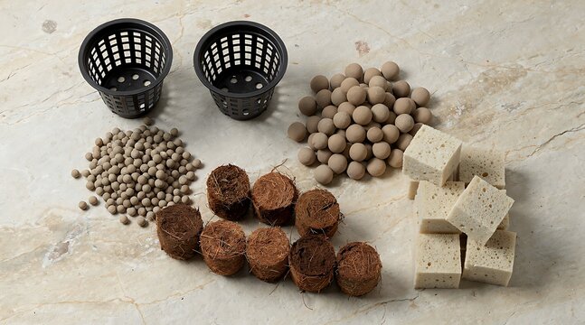 Collection of hydroponic growing supplies including net pots, expanded clay pebbles, coco coir pellets, and rockwool cubes arranged on a marble surface for indoor urban gardening and soilless farming.