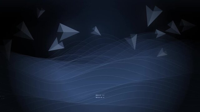 Abstract digital background featuring flowing wavy lines and flying paper plane shapes in dark blue tones