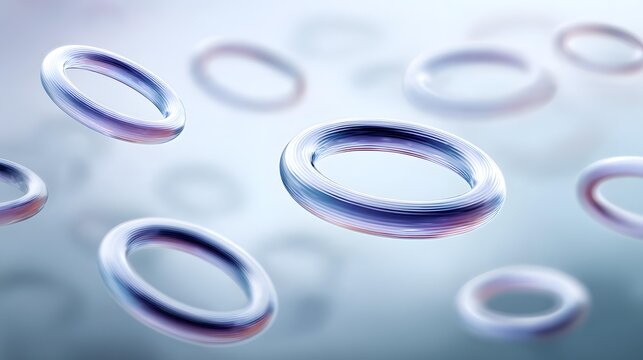 geometric rings floating within pale mist, cyan, peach, lavender, white, and pale blue colors, airy futuristic background
