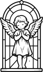 Obraz premium Praying angel with wings standing in front of stained glass window religious illustration