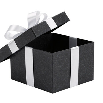 Black gift box with lid open and white ribbon on white background