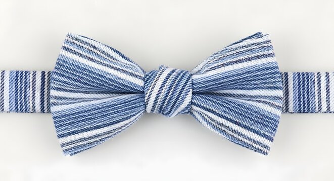 A striped blue and white bow tie on clean white background