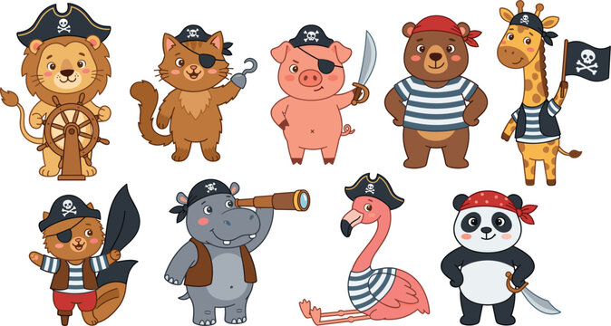 Cute pirate animal characters vector elements set. Lion, cat, pig, bear, giraffe, hippo, panda, flamingo illustrations on white background.