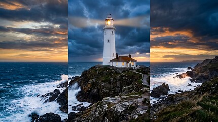 A majestic white lighthouse illuminates a rugged, wave-battered coast at dramatic sunset, casting a guiding beam. Ideal for themes of safety, hope, and resilience. © Photos by Nahida