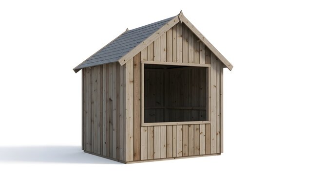 Rustic wooden shed structure with a window on white background