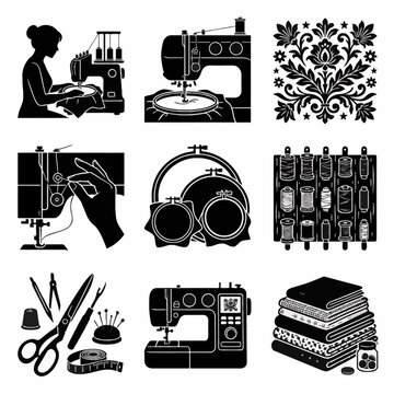 Vector illustration of a professional female tailor working in a creative fashion studio, focused on sewing custom clothing garments for a boutique apparel business workshop.