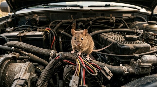 A wild brown rat standing on a bundle of colorful electrical wires inside a dusty car engine bay, looking directly alert, concept of vehicle rodent damage, pest infestation, and wiring problems.