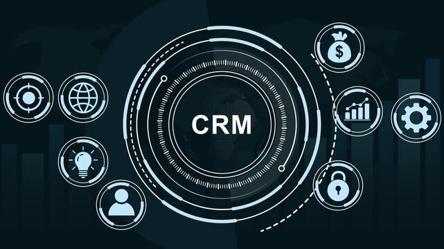 Dynamic crm customer relationship management digital interface featuring animated hud global business network data analytics charts, and cyber security symbols for tech presentations
