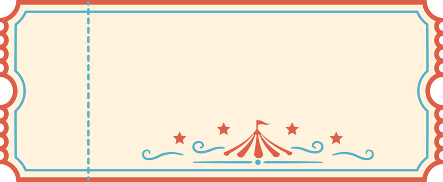 Vintage circus ticket template with retro carnival tent, stars, stub, and blank copy space. For event pass, festival coupon, or amusement show voucher. Vector illustration