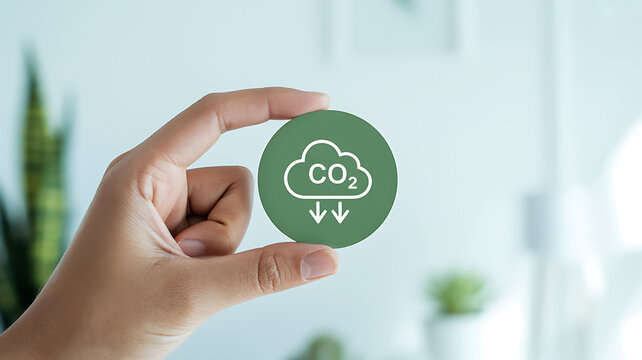 Hand holding green circle with C O2 cloud icon and down arrows carbon dioxide
