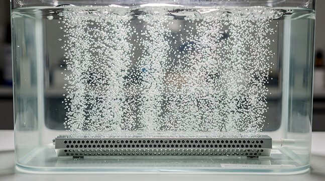 Close up of air bubbles rising from a metal aerator diffuser in a clear glass water tank, showing oxygenation process in a laboratory or aquaculture setting for water purification research.