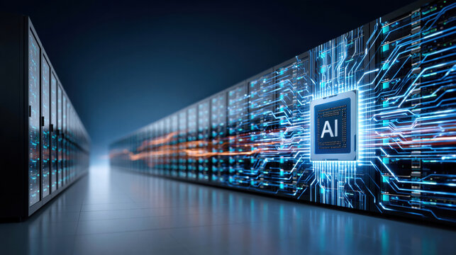 AI server rack corridor with glowing processor chip and high speed data streams evoking advanced computing power and futuristic infrastructure