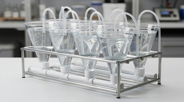 Scientific laboratory setup with transparent conical tanks for breeding zebrafish larvae or aquatic organisms in a controlled research facility environment for biology and biotechnology.