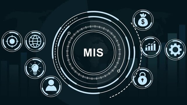 Management information systems mis concept with digital hud interface, global data analytics, financial growth charts, cyber security and corporate network connectivity for modern business strategy