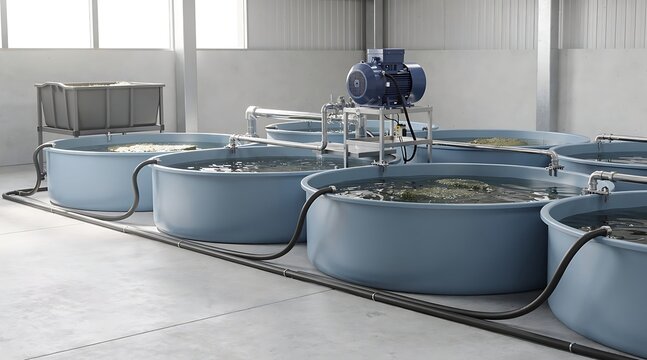 Modern Recirculating Aquaculture System Featuring Large Blue Plastic Tanks and Industrial Water Pump in an Indoor Commercial Fish Farm or Algae Cultivation Facility for Sustainable Agriculture