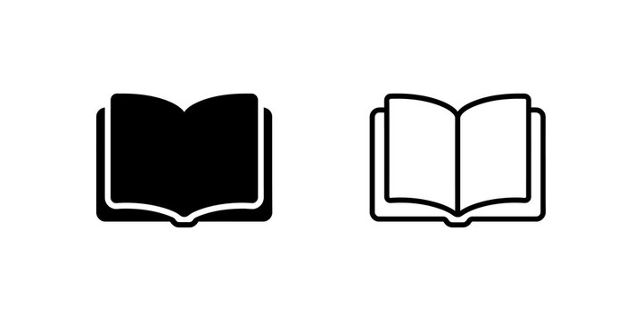 Open book icon set featuring solid and linear styles for digital study.