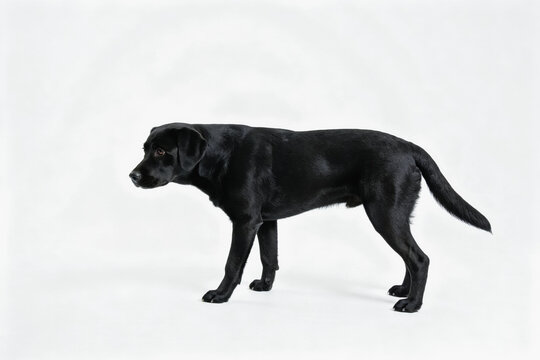 A black Labrador retriever stands in profile against a plain white studio background, showing its full body.