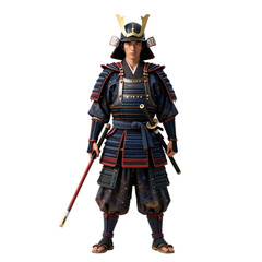 Fototapeta premium Full body portrait of a Japanese samurai warrior in ornate armor holding a sword