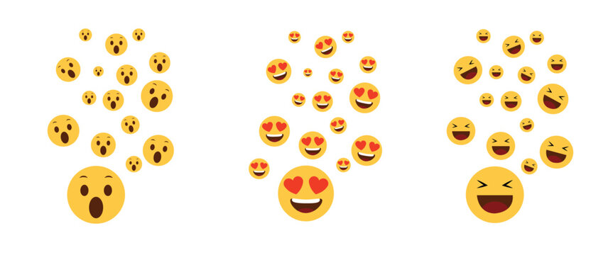 Vector set of floating social media reaction emojis including surprised face, heart eyes love face, and laughing out loud faces isolated on white background.