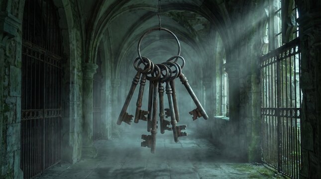 Mysterious old keys floating in a foggy medieval corridor